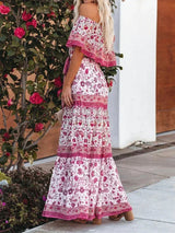 Women's long off-the-shoulder dress with floral patterns