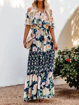 Women's long off-the-shoulder dress with floral patterns