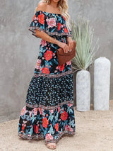 Women's long off-the-shoulder dress with floral patterns