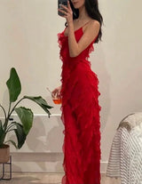 Women's long evening dress with straps and ruffles