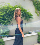 Women's long evening dress with straps and ruffles