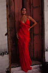 Women's long evening dress with straps and ruffles