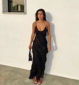 Women's long evening dress with straps and ruffles