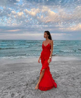 Women's long evening dress with straps and ruffles