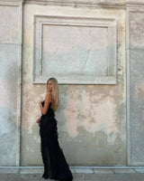 Women's long evening dress with straps and ruffles