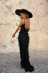 Women's long evening dress with straps and ruffles