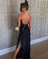 Women's long evening dress with straps and ruffles