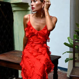 Women's long evening dress with straps and ruffles