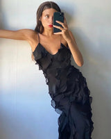 Women's long evening dress with straps and ruffles