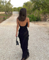 Women's long evening dress with straps and ruffles