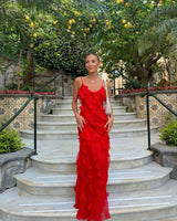 Women's long evening dress with straps and ruffles