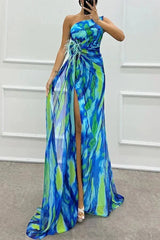 Women's long patterned evening dress with slit and straps
