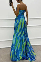 Women's long patterned evening dress with slit and straps