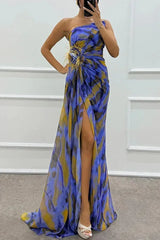 Women's long patterned evening dress with slit and straps