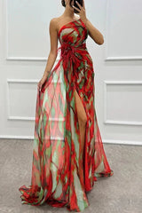 Women's long patterned evening dress with slit and straps