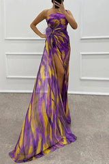 Women's long patterned evening dress with slit and straps