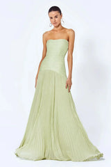 Women's long, light green, sleeveless, pleated dress