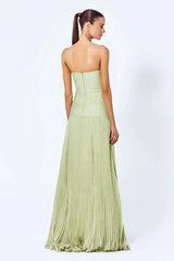 Women's long, light green, sleeveless, pleated dress