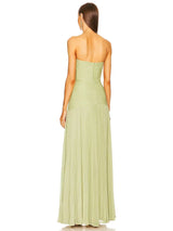 Women's long, light green, sleeveless, pleated dress