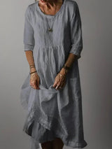Women's long dress with ruffles, V-neck, 3/4 sleeves