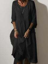 Women's long dress with ruffles, V-neck, 3/4 sleeves