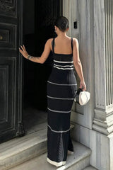 Long, fitted ecru dress with openwork details