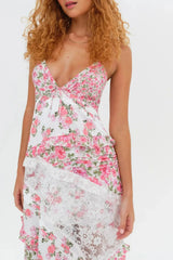 Women's long dress with lace and floral print