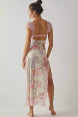 Women's floral sheer lace wrap maxi dress