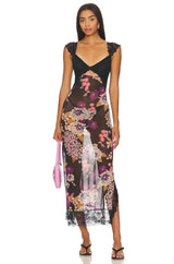 Women's floral sheer lace wrap maxi dress