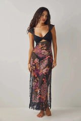 Women's floral sheer lace wrap maxi dress