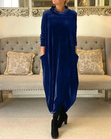 Women's loose-fitting velvet midi dress with pockets