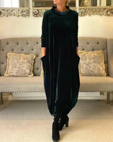 Women's loose-fitting velvet midi dress with pockets
