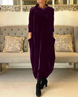 Women's loose-fitting velvet midi dress with pockets