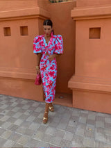 Women's midi dress with puff sleeves and V-neck