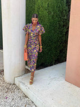 Women's midi dress with puff sleeves and V-neck