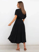 Women's belted midi dress with ruffles, V-neck, and short sleeves
