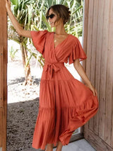 Women's belted midi dress with ruffles, V-neck, and short sleeves