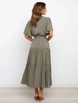 Women's belted midi dress with ruffles, V-neck, and short sleeves