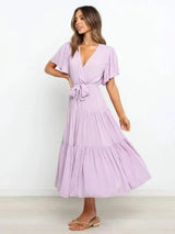 Women's belted midi dress with ruffles, V-neck, and short sleeves