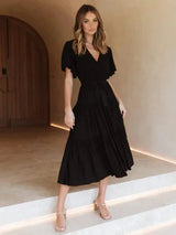 Women's belted midi dress with ruffles, V-neck, and short sleeves