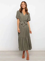 Women's belted midi dress with ruffles, V-neck, and short sleeves