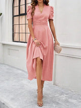 Women's midi dress with V-neck and puff sleeves