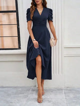 Women's midi dress with V-neck and puff sleeves