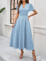 Women's midi dress with V-neck and puff sleeves