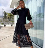 Elegant long-sleeved lace midi dress for women