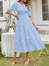 Textured women's midi dress with short sleeves and ruffles