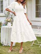 Textured women's midi dress with short sleeves and ruffles