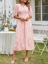 Textured women's midi dress with short sleeves and ruffles