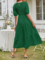 Textured women's midi dress with short sleeves and ruffles