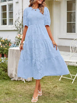 Textured women's midi dress with short sleeves and ruffles